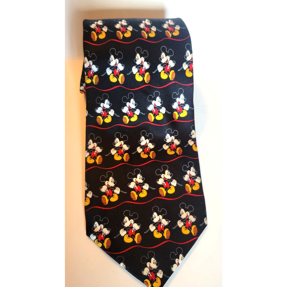 Vintage Disney Mickey Mouse Tie Mickey Unlimited Black Red 100% Silk Necktie
